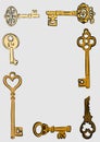 A set of postcards and different keys. Vintage greeting card, background, business card with images of silver, gold and bronze key Royalty Free Stock Photo